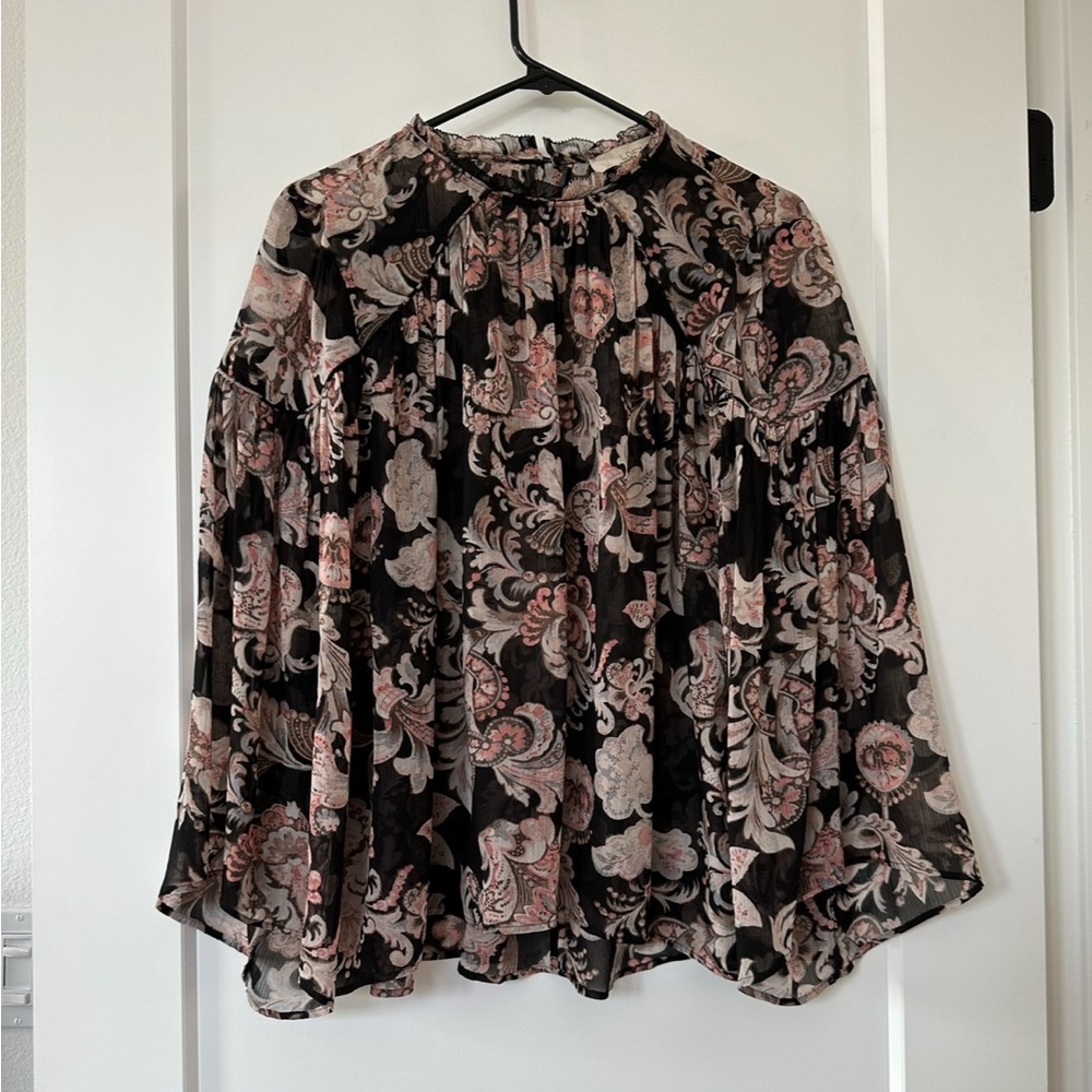 LOFT Romantic Rose Floral Sheer Paisley Blouse with Bell Sleeves Size S